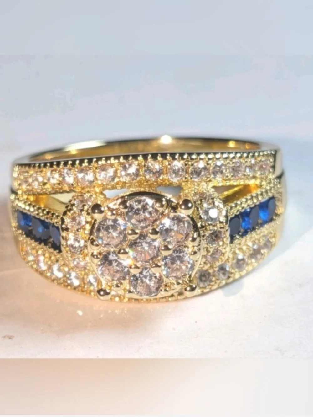 Classic Gold-Plated Blue Lab Created Sapphire Cluster Ring - Women Jewelry Sz 10